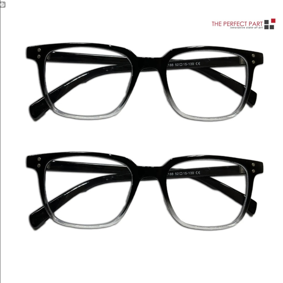 Two pairs of black eyeglasses on a white background with 'The Perfect Part' logo.