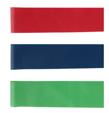 Three resistance bands in red, blue, and green on a white background