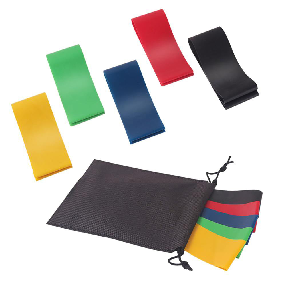 Set of colorful resistance bands with a black drawstring bag on a white background