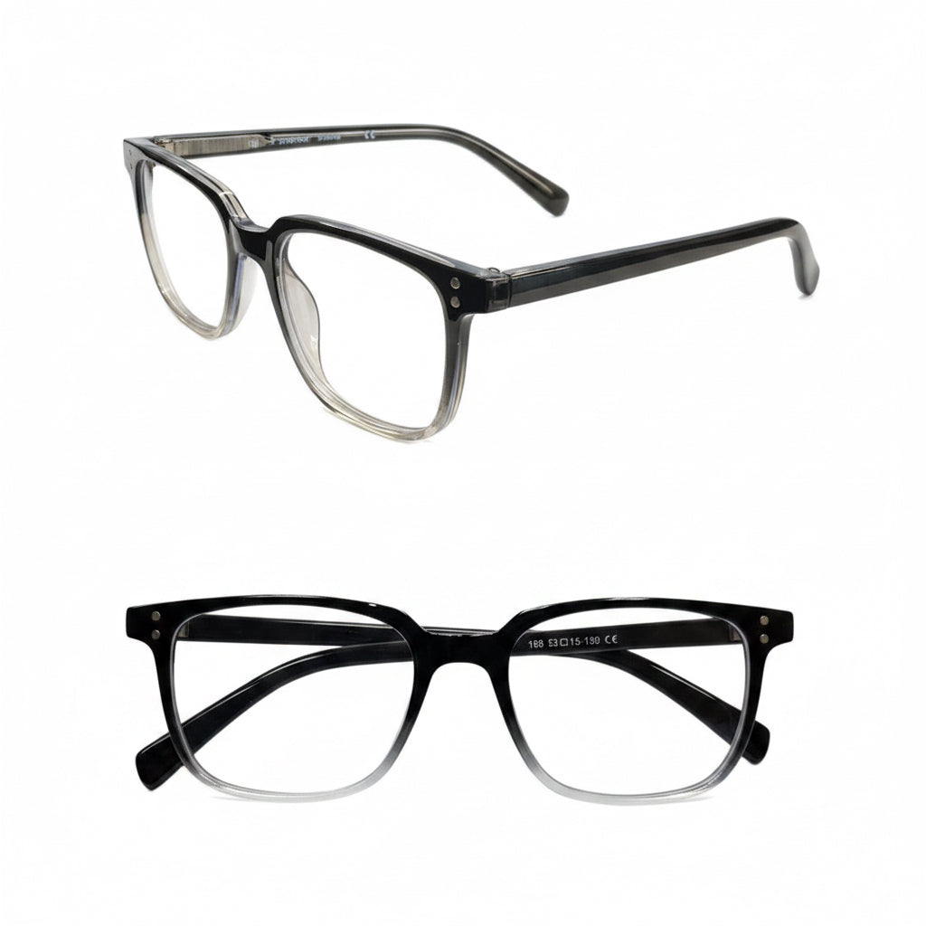 Black eyeglasses with measurements on a white background