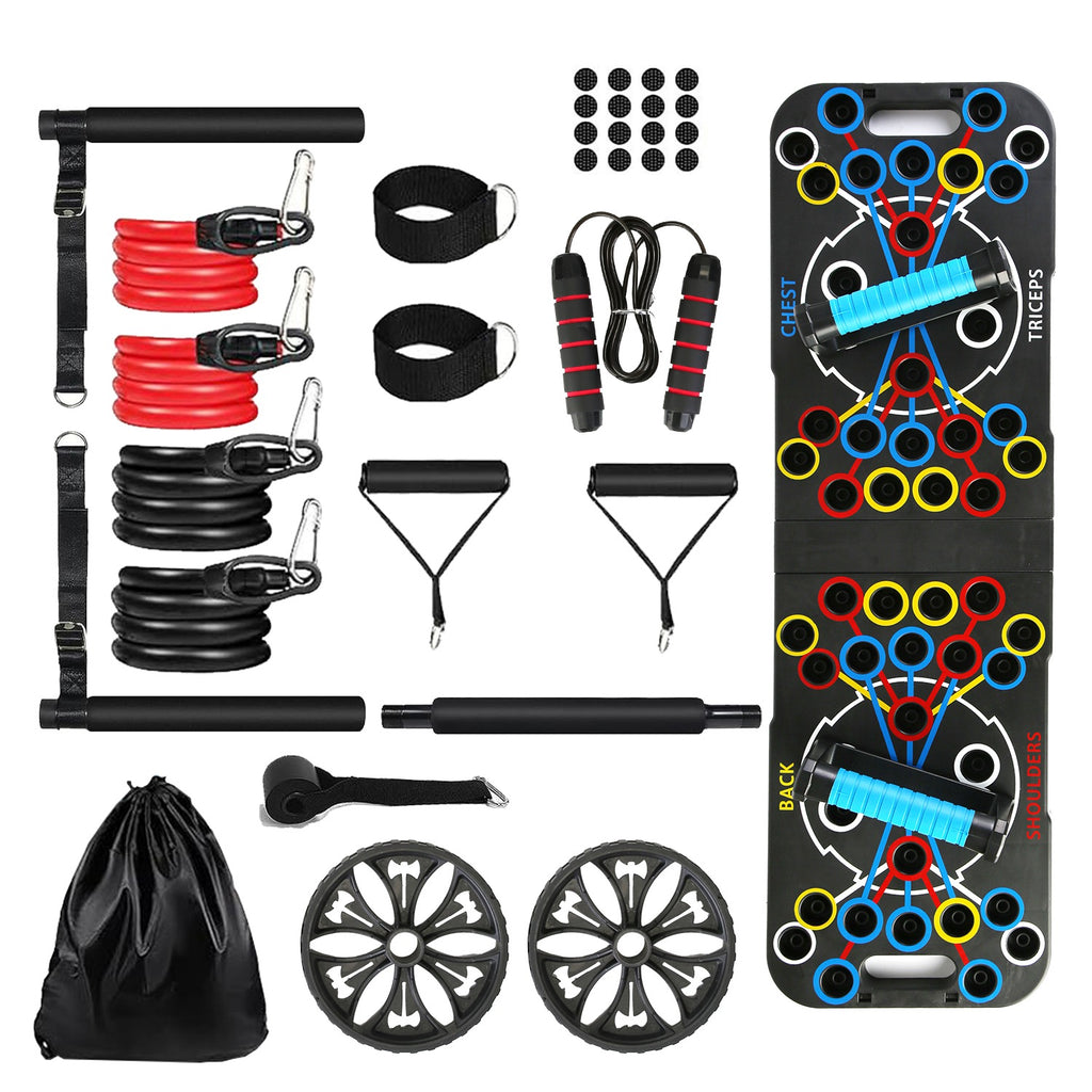 Assorted fitness tools including resistance bands, straps, and a black drawstring bag on a white background.