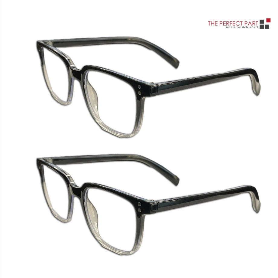 Two pairs of black eyeglasses on a white background with 'The Perfect Part' logo.