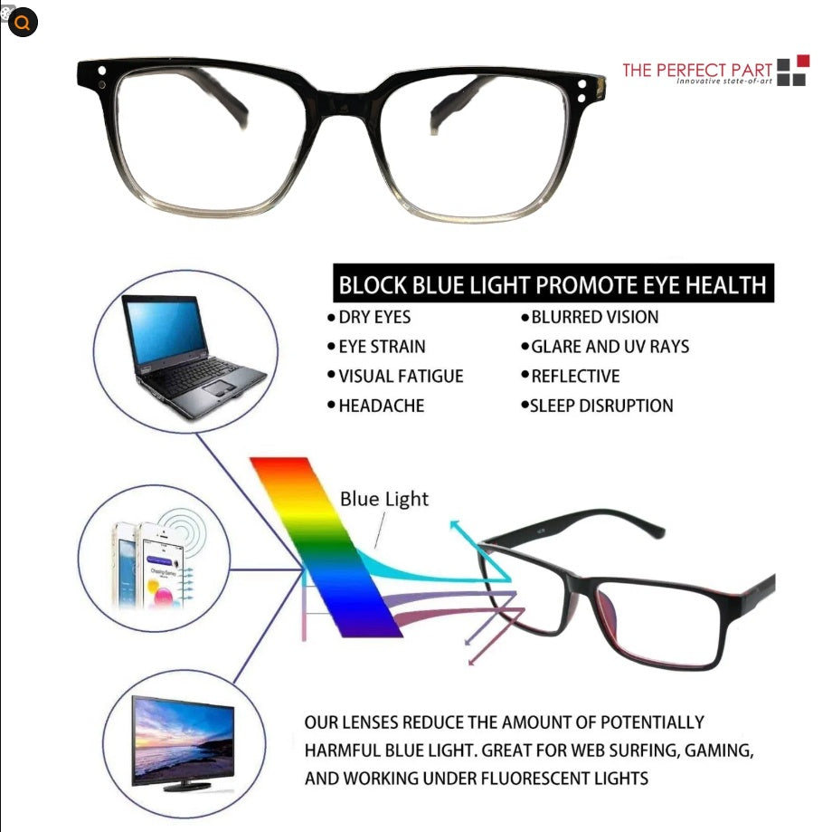 Glasses with blue light filtering technology on a white background