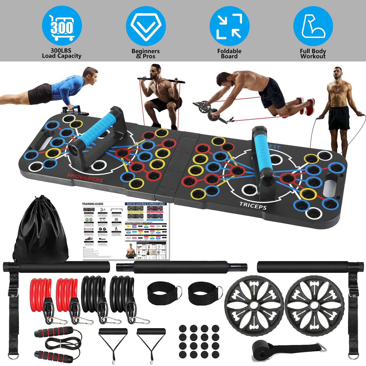 Multifunctional exercise board with resistance bands and accessories on a white background