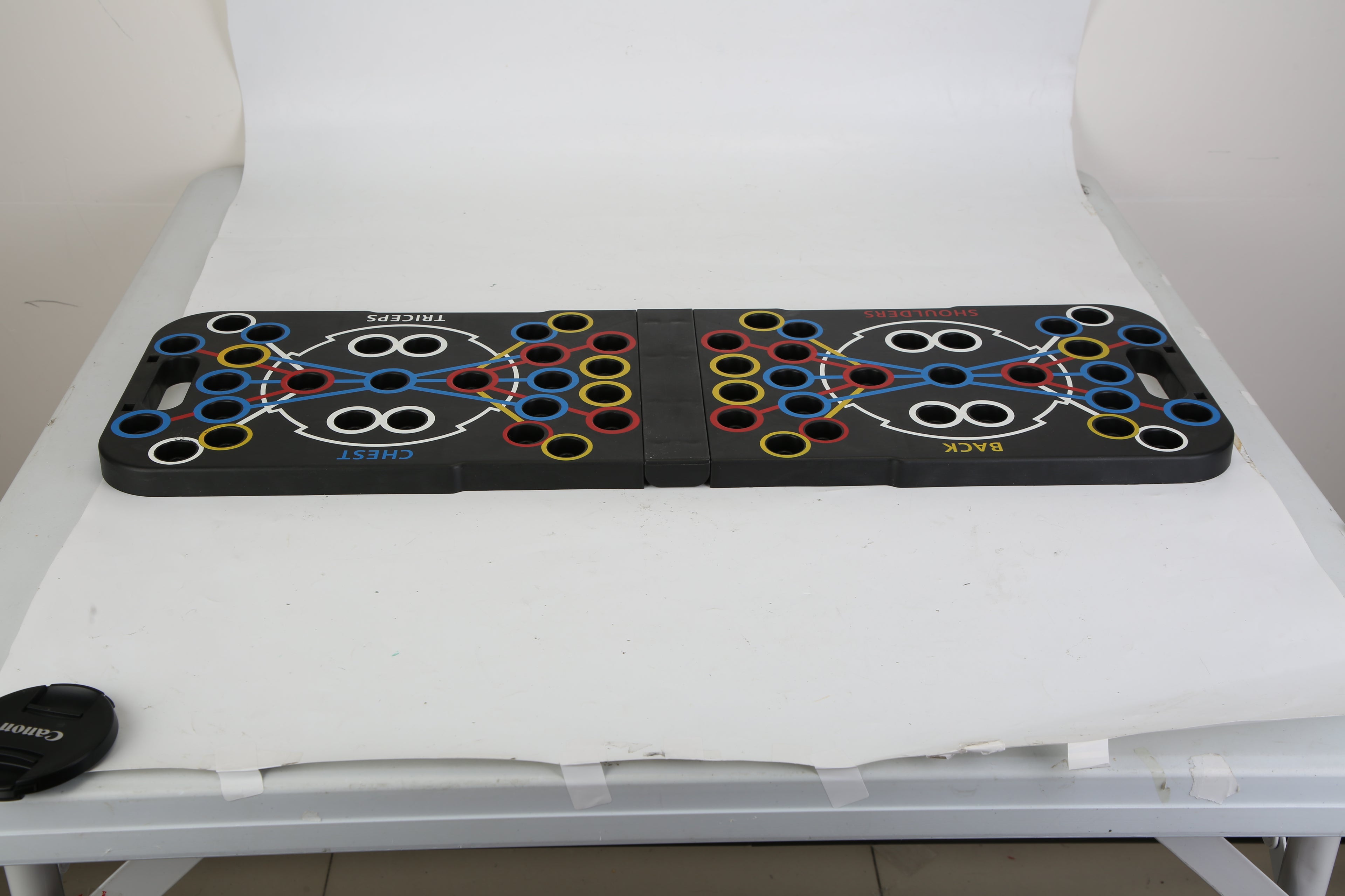 Colorful circular puzzle on a white surface