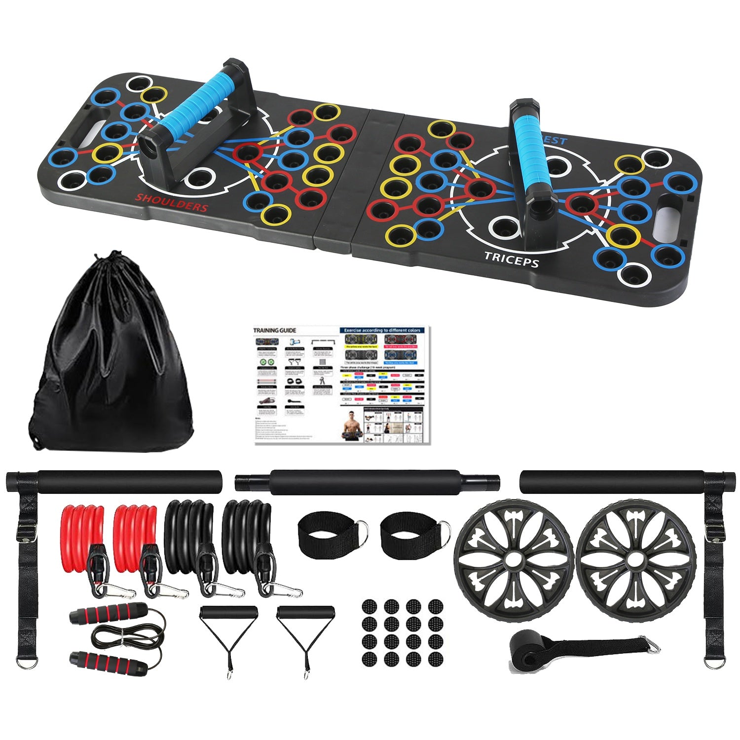 Collection of fitness equipment including resistance bands, exercise board, and accessories on a white background.