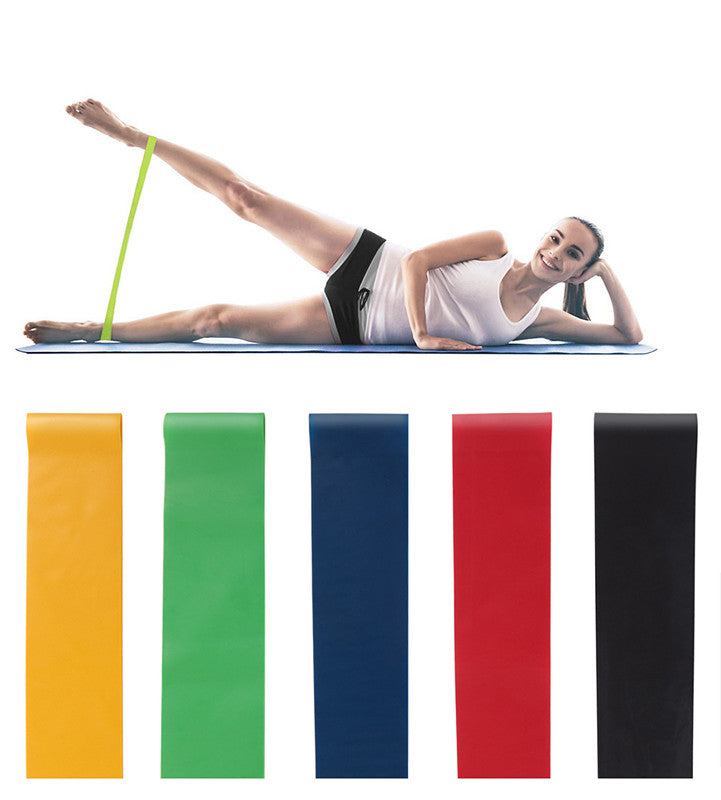 A woman lying on a yoga mat uses a neon yellow resistance band around her extended leg. Below, five color options for the resistance bands are shown: yellow, green, navy blue, red, and black.