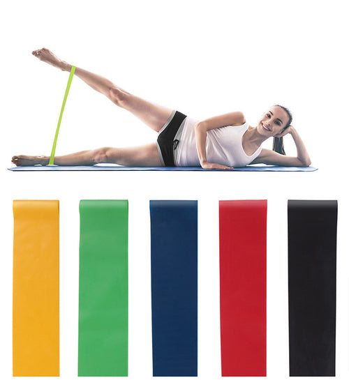 A woman lying on a yoga mat uses a neon yellow resistance band around her extended leg. Below, five color options for the resistance bands are shown: yellow, green, navy blue, red, and black.