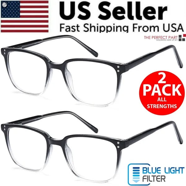 Two pairs of black eyeglasses with blue light filter on a white background, featuring text about US seller and fast shipping.