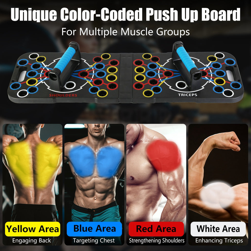 Color-coded push-up board with muscle area indicators on a dark background